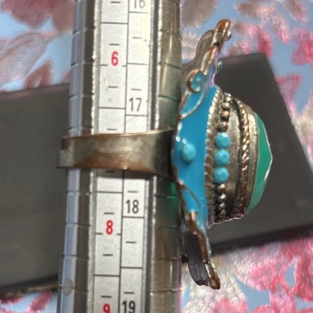 Handcrafted Bohemian Adjustable Ring With Turquoise Gem & Ornate‎ Bronze Design